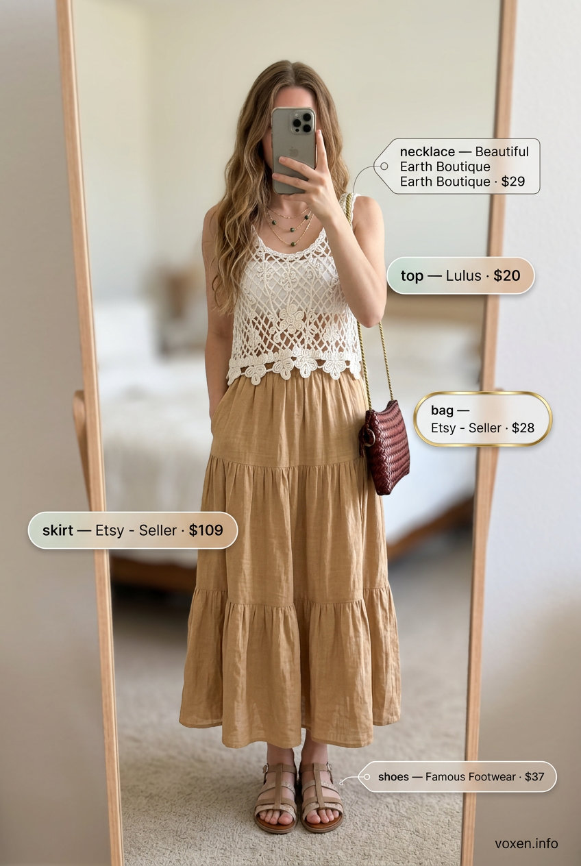 Boho Summer Leather Skirt Outfits 2026 Bohemian summer leather skirt outfit: Tan maxi skirt with crochet top and woven bag for relaxed evenings 2026.