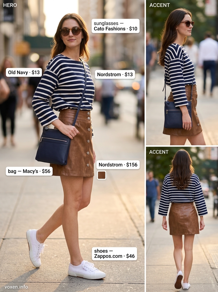 Summer Leather Skirt Outfits 2026: Cool Retro Vibes Retro summer leather skirt outfit: Brown mini skirt, striped tee, canvas sneakers, and tortoiseshell sunglasses.