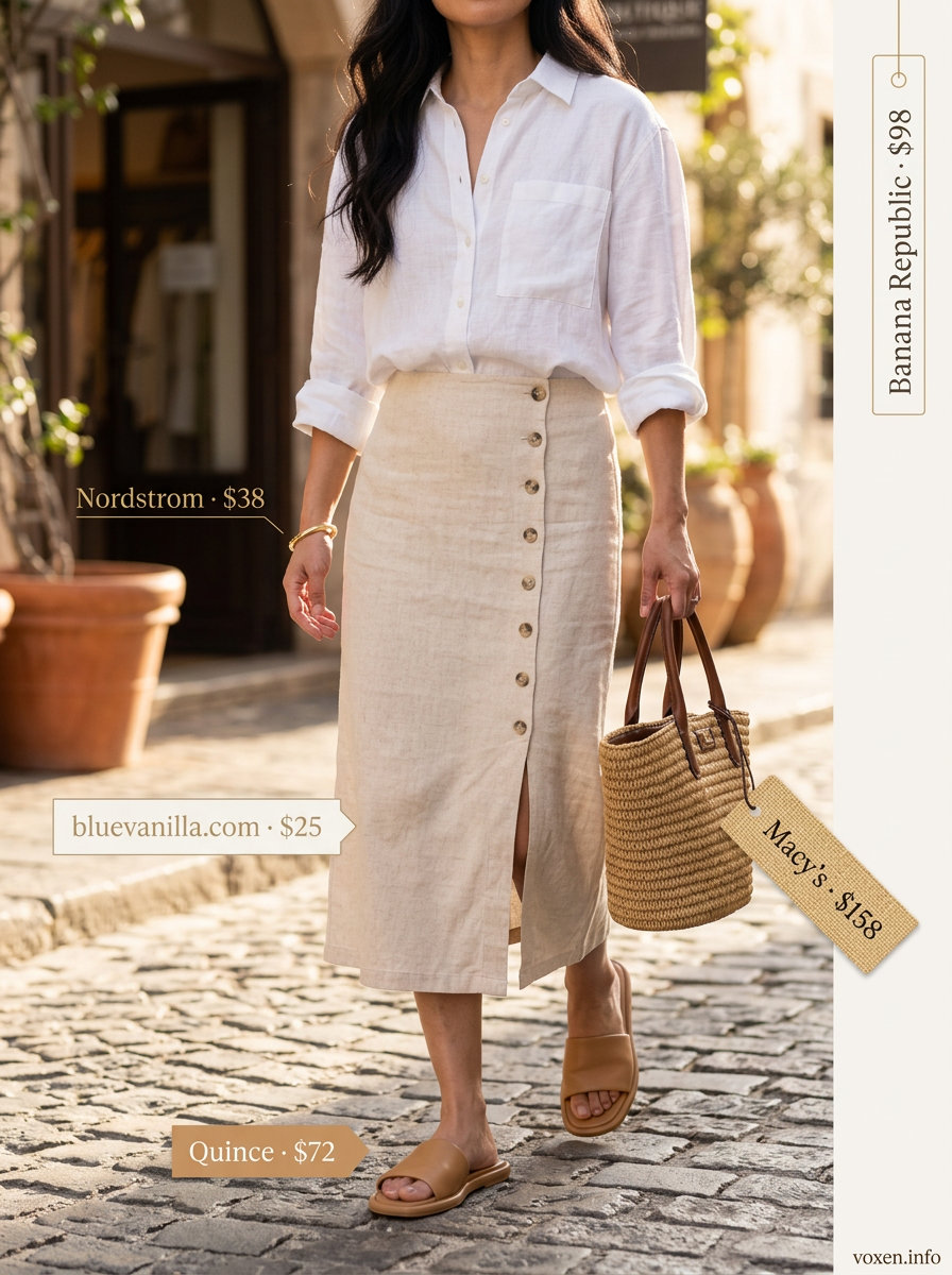 Brunch Summer Leather Skirt Outfits 2026 Chic summer leather skirt outfit: Tan linen midi skirt with oversized white shirt and slides for brunch 2026.