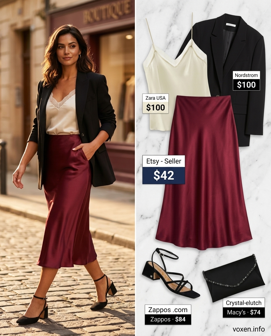 Summer Leather Skirt Outfits 2026: Elegant Evening Glam Glamorous summer leather skirt outfit: Burgundy satin skirt, cream cami, black blazer, and heels.