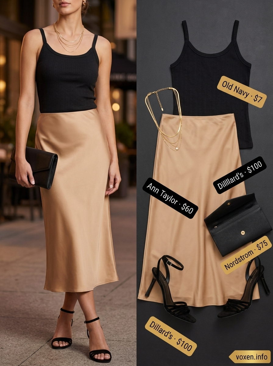 Date Night Summer Leather Skirt Outfits 2026 Elegant summer leather skirt outfit: Camel satin midi skirt with black camisole and heels for date night 2026.