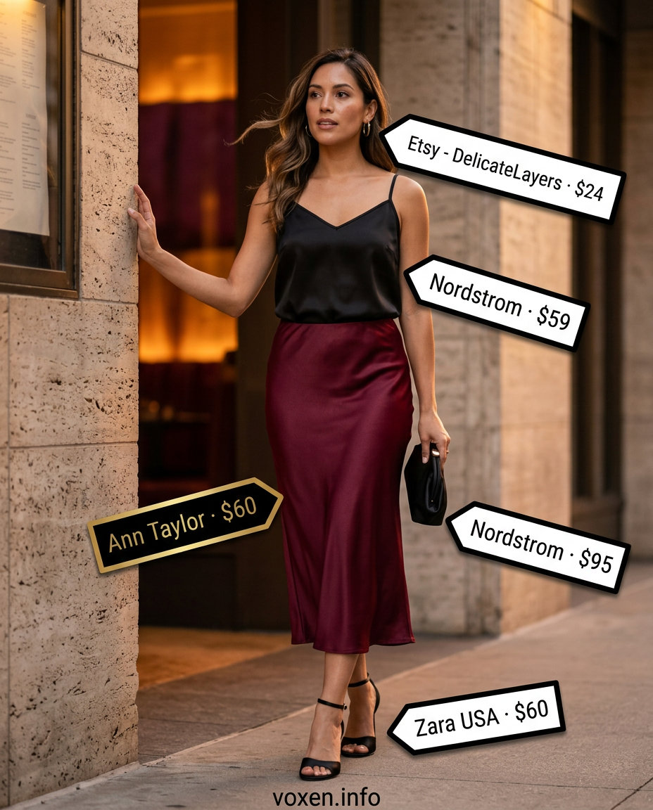 Evening Summer Leather Skirt Outfits 2026 Chic summer leather skirt outfit: Burgundy satin midi skirt with black camisole and heels for evening events 2026.
