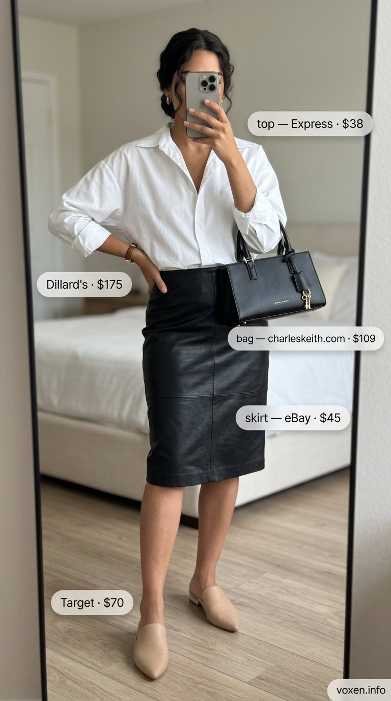 Minimalist Summer Leather Skirt Outfits 2026 Minimalist summer leather skirt outfit: Black pencil skirt with oversized white shirt and mules for business casual 2026.