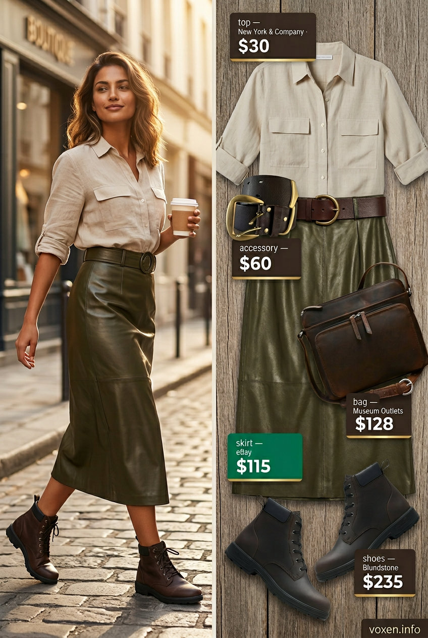 Summer Leather Skirt Outfits 2026: Safari Chic Adventure Chic summer leather skirt outfit: Olive utility skirt, beige shirt, brown boots, and crossbody bag.