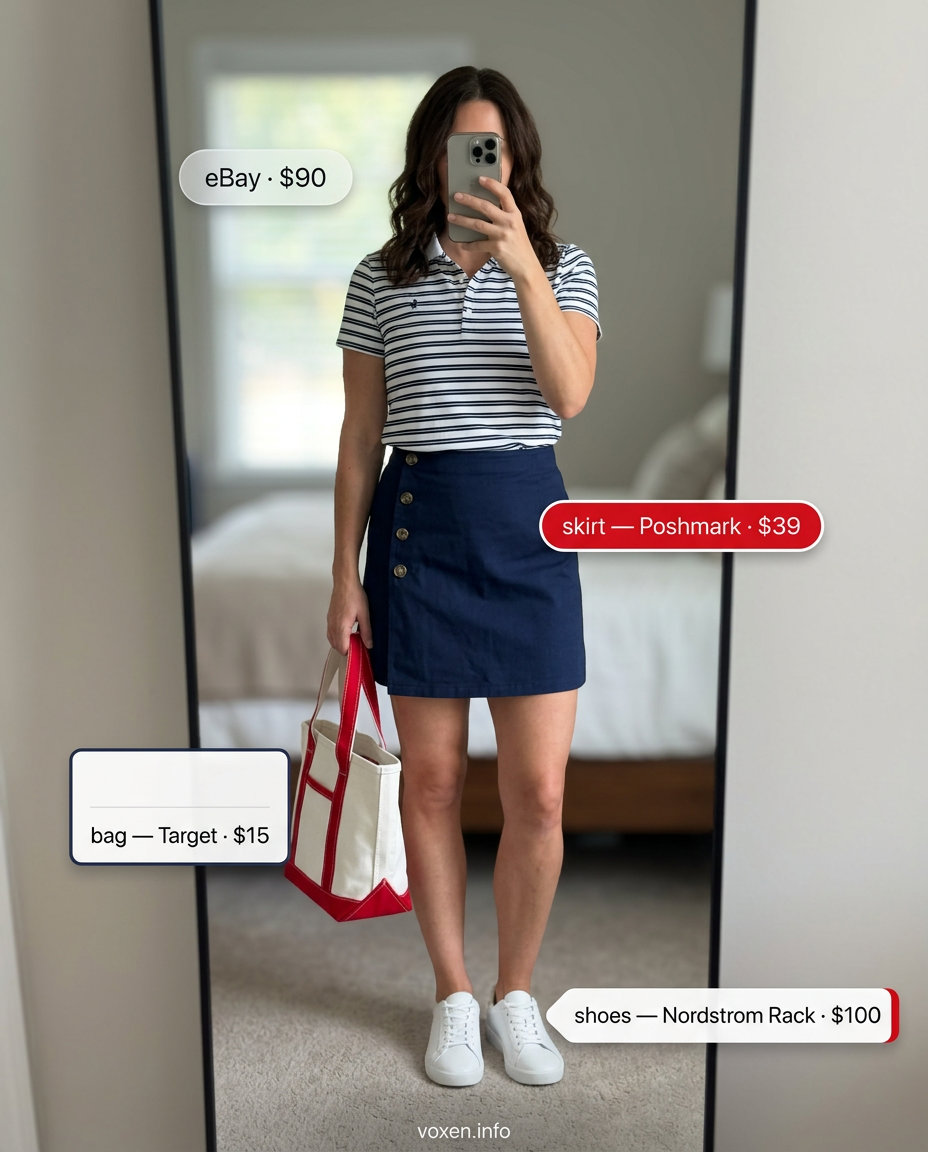 Casual Summer Leather Skirt Outfits 2026 Preppy summer leather skirt outfit: Navy mini skirt with striped polo shirt and sneakers for casual day 2026.