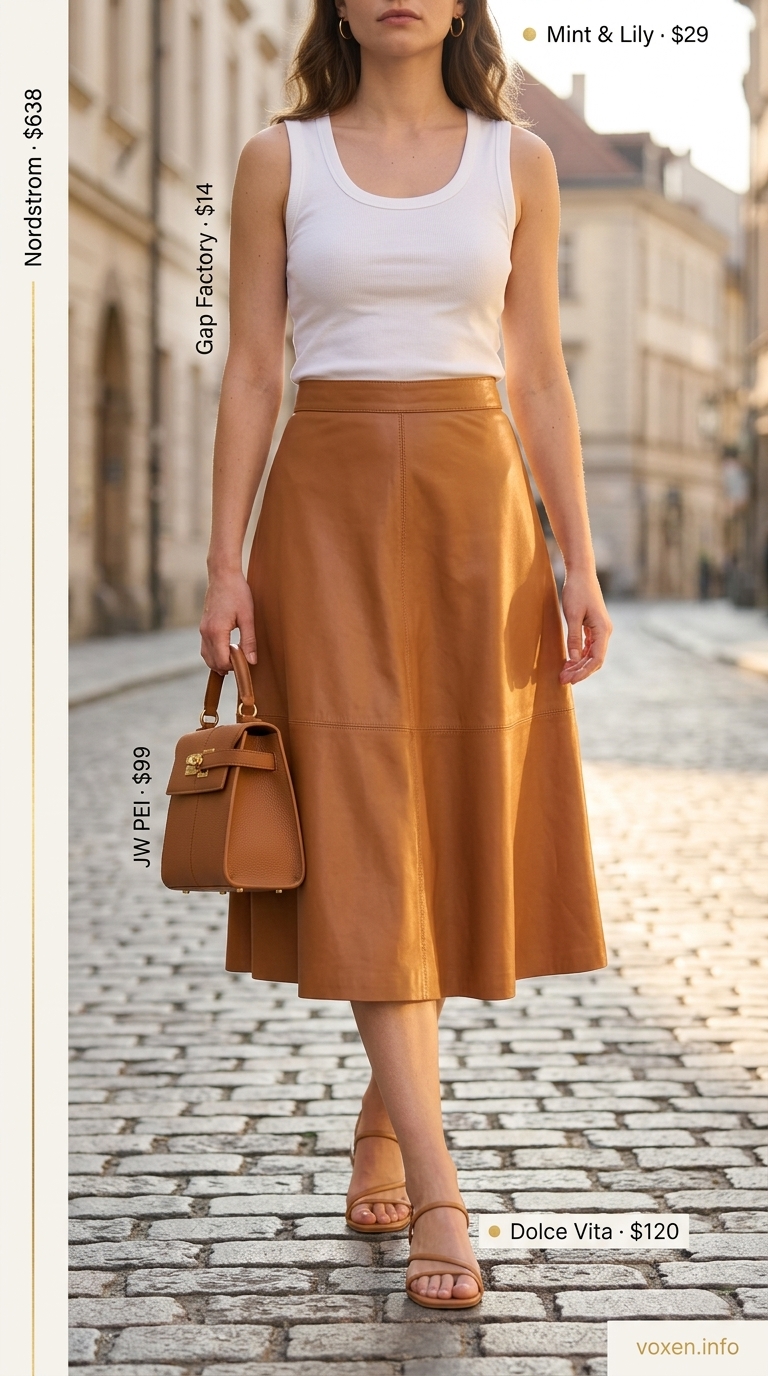 Summer Leather Skirt Outfits 2026: Casual Evening Chic Summer leather skirt outfit: Tan midi skirt, white tank, gold hoops, and sandals for a casual evening.