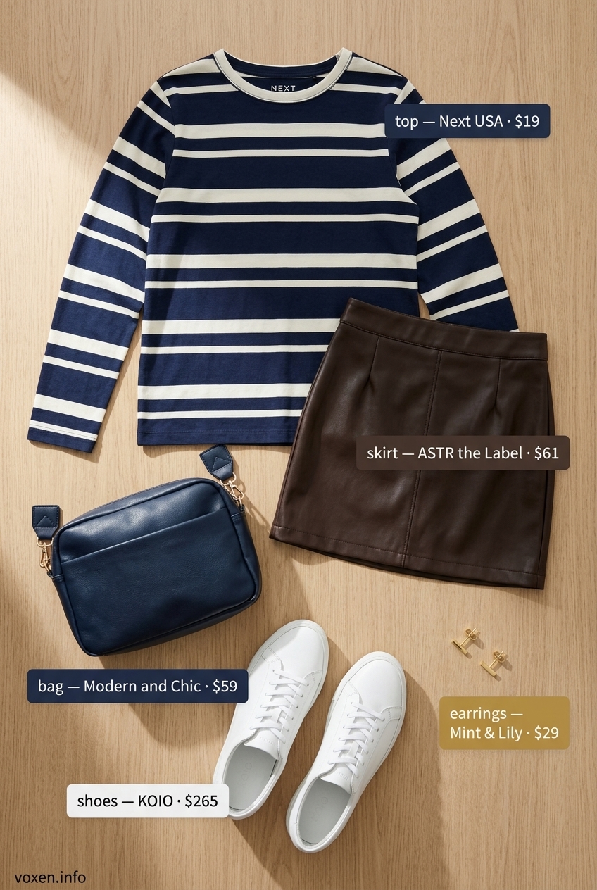Summer Leather Skirt Outfits 2026: Effortless Weekend Casual summer leather skirt outfit: Tan mini skirt, striped tee, white sneakers, and navy crossbody bag.