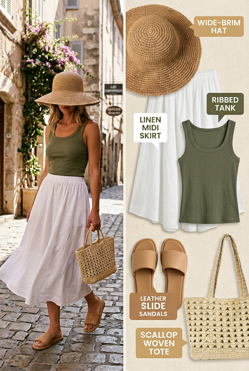 White Leather Skirt Outfits 2026 Airy white linen skirt outfit for women, ideal for beach lunches or summer travel in 2026.