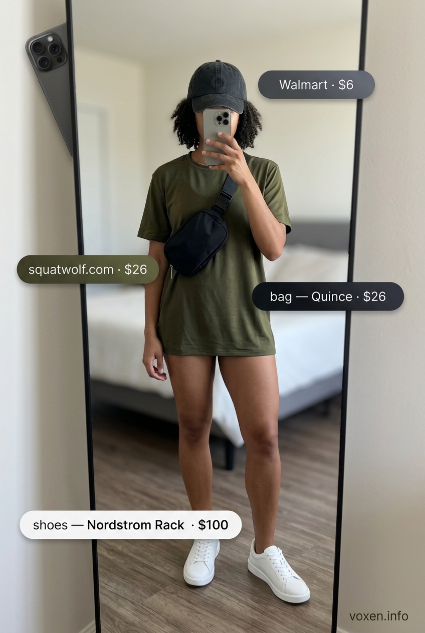 Summer Longline Tee Outfits 2026: Athleisure Comfort Summer Longline Tee Outfits for Women 2026: Olive green longline tee with black leggings, sneakers, and belt bag for athleisure comfort.