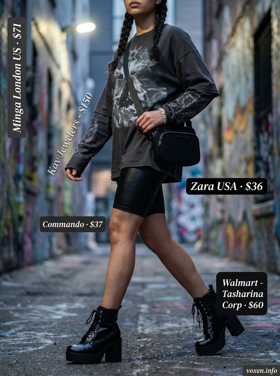 Summer Longline Tee Outfits 2026: Edgy Graphic Tee Style Summer Longline Tee Outfits for Women 2026: Black graphic tee with faux leather shorts, platform boots, and crossbody bag for edgy streetwear.