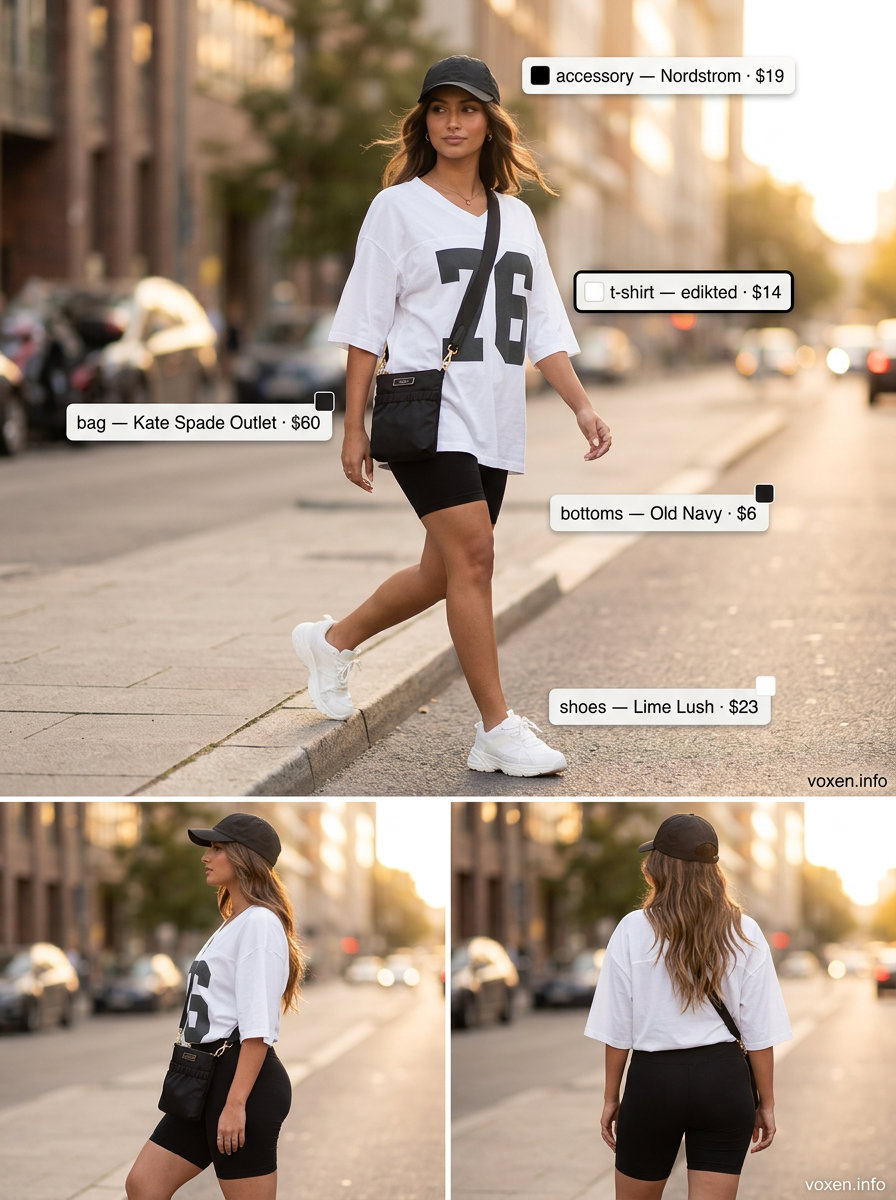 Summer Longline Tee Outfits 2026: Sporty Graphic Tee Summer Longline Tee Outfits for Women 2026: White graphic tee with black biker shorts, sneakers, and crossbody bag for sporty style.
