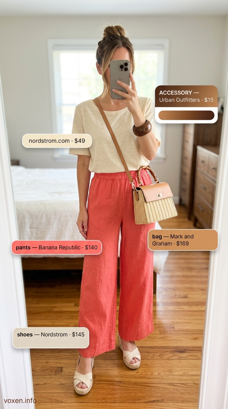 Summer Longline Tee Outfits 2026: Casual Linen Pants Style Summer Longline Tee Outfits for Women 2026: Cream tee with coral wide-leg pants, espadrilles, and woven bag for a cheerful daytime event.