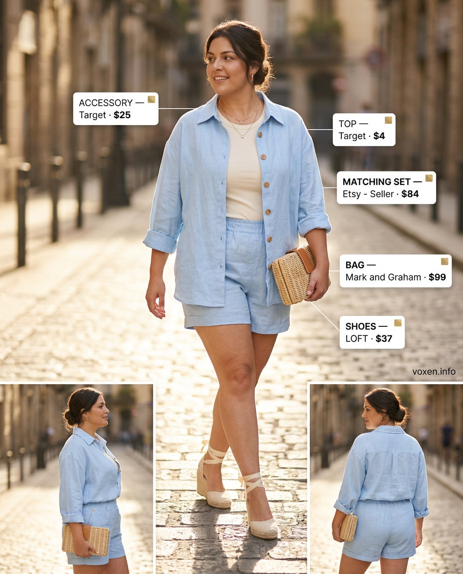 Summer Longline Tee Outfits 2026: Chic Linen Set Summer Longline Tee Outfits for Women 2026: Coral linen shirt and shorts set with espadrilles and layered necklaces for resort wear.