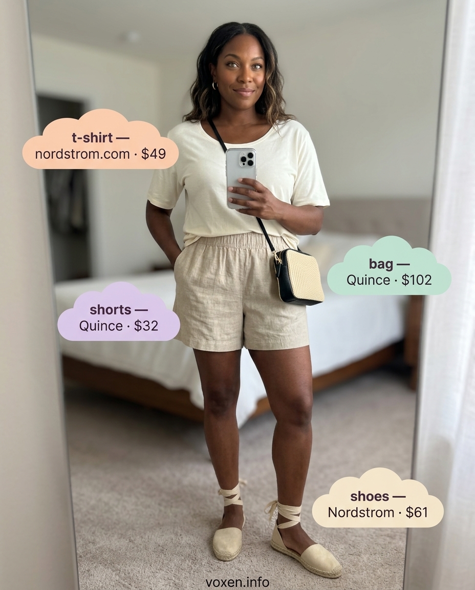Summer Longline Tee Outfits 2026: Linen Shorts Comfort Summer Longline Tee Outfits for Women 2026: Ivory longline tee with linen shorts, espadrilles, and woven bag for sunny day comfort.