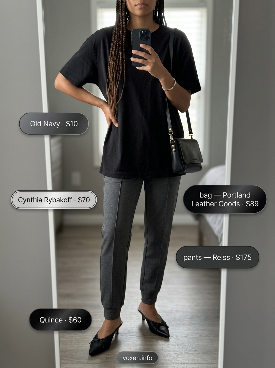Summer Longline Tee Outfits 2026: Monochrome Jogger Set Summer Longline Tee Outfits for Women 2026: Charcoal grey tee with tapered joggers, mules, and structured bag for monochrome comfort.