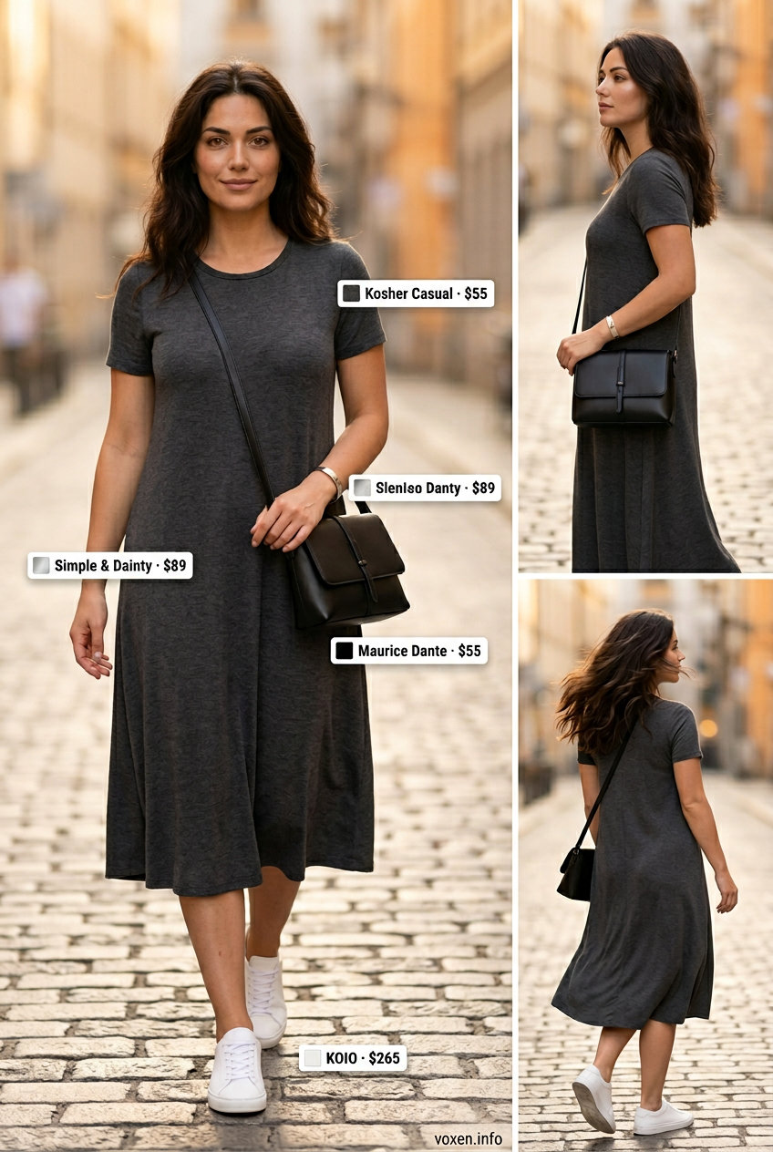 Summer Longline Tee Outfits 2026: Minimalist Tee Dress Summer Longline Tee Outfits for Women 2026: Charcoal grey longline t-shirt dress styled with white sneakers and a minimalist cuff bracelet.