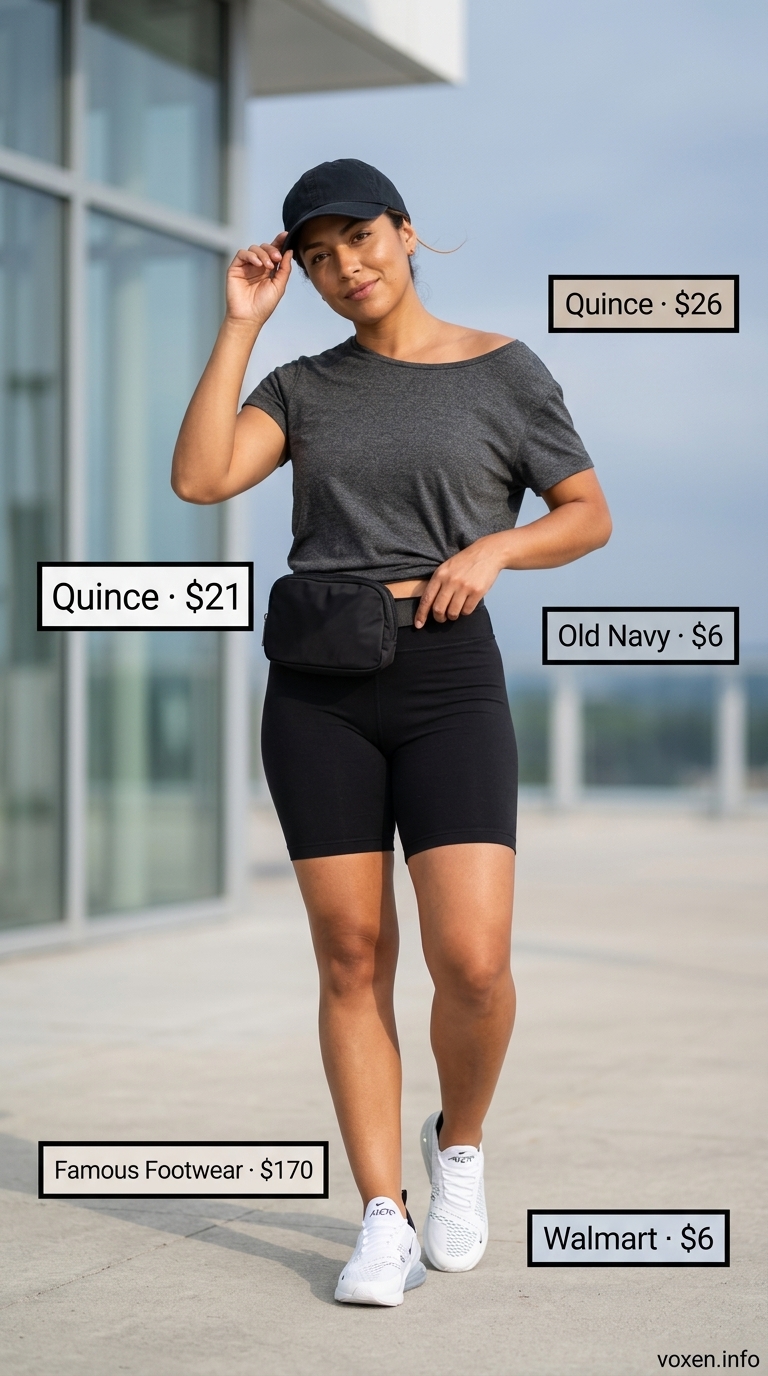 Sporty Athleisure Outfits 2026 Sporty athleisure outfit for women 2026: charcoal longline tee, black biker shorts, baseball cap, belt bag, and sneakers.