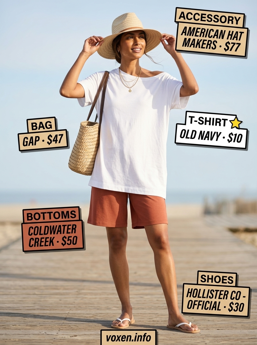 Boho Beach Cover-Up Outfits 2026 Boho beach cover-up outfit for women 2026: oversized white longline tee, terracotta shorts, straw hat, and beach tote.