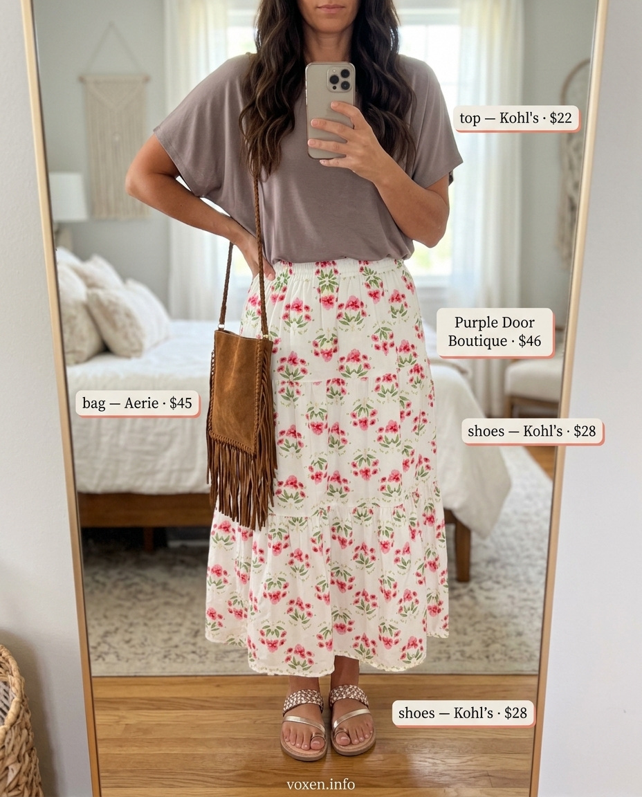 Summer Longline Tee Outfits 2026: Boho Summer Dream Summer longline tee outfit: Blush pink tee, floral midi skirt, leather sandals for a boho summer look.