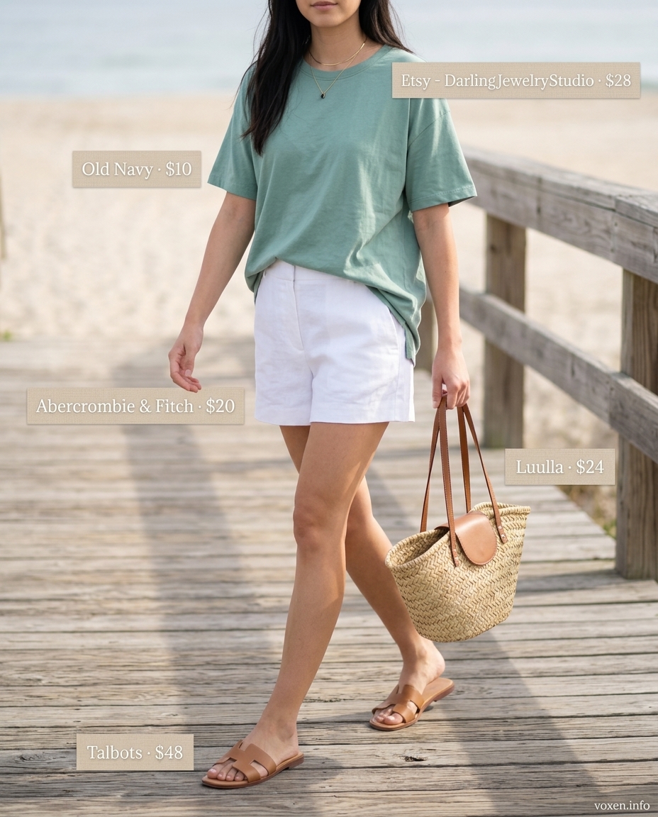Summer Longline Tee Outfits 2026: Coastal Breeze Style Summer longline tee outfit: Seafoam green tee, white linen shorts, tan slides for a relaxed beach day or brunch.