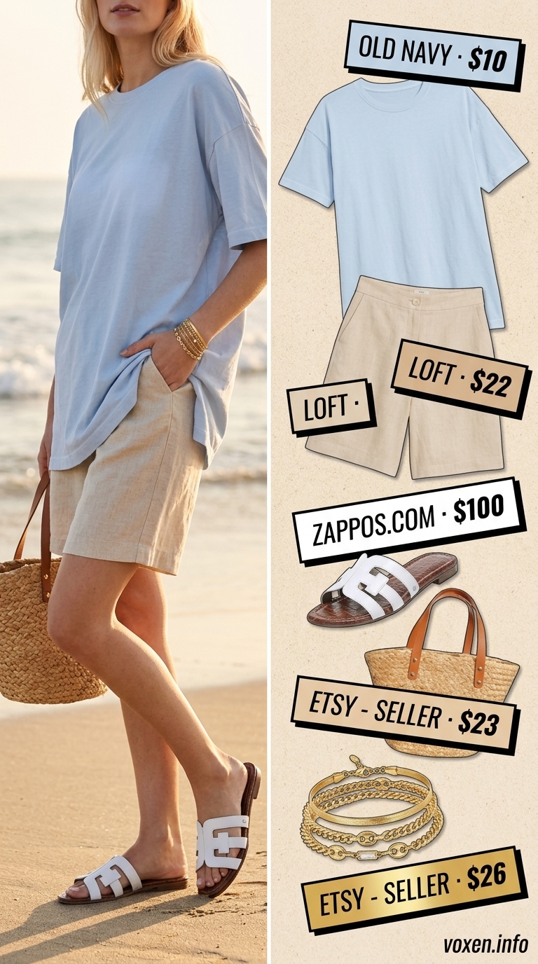 Summer Longline Tee Outfits 2026: Coastal Breeze Comfort Summer longline tee outfit: Sky blue tee, beige linen shorts, white slides for a relaxed beach day.