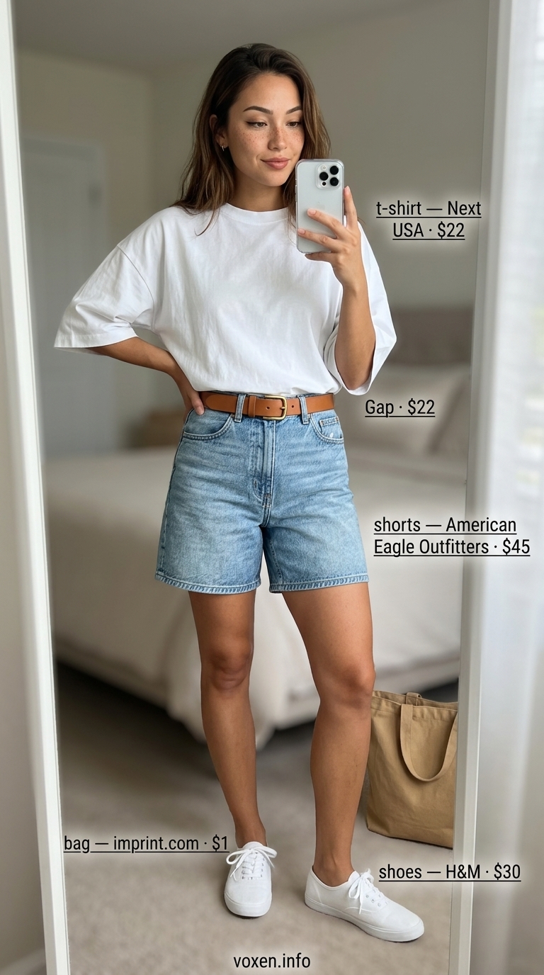 Denim Day Casual Outfits 2026 Denim day casual outfit for women 2026: white longline tee, denim shorts, canvas sneakers, canvas tote, and leather belt.