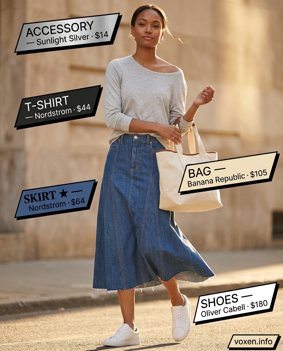 Casual Cool Denim Skirt Outfits 2026 Casual cool denim skirt outfit for women 2026: light grey longline tee, denim midi skirt, white sneakers, and canvas tote.