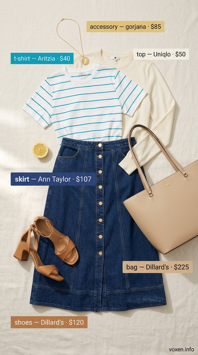 Summer Longline Tee Outfits 2026: Elevated Denim Style Summer longline tee outfit: Blush pink tee, denim midi skirt, leather sandals for a classic polished look.