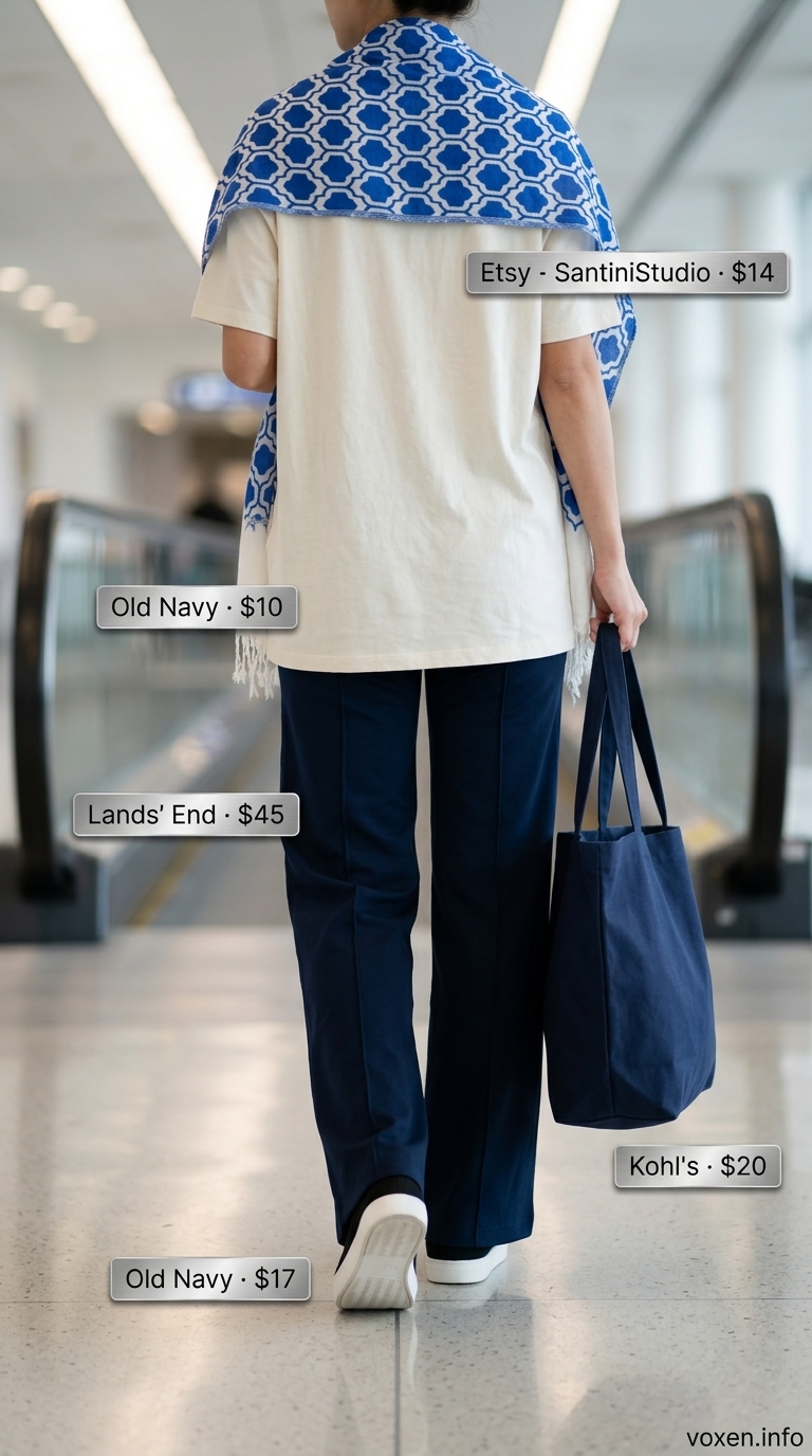 Summer Longline Tee Outfits 2026: Elevated Travel Chic Summer longline tee outfit: Cream tee, navy palazzo pants, scarf for elevated travel style.