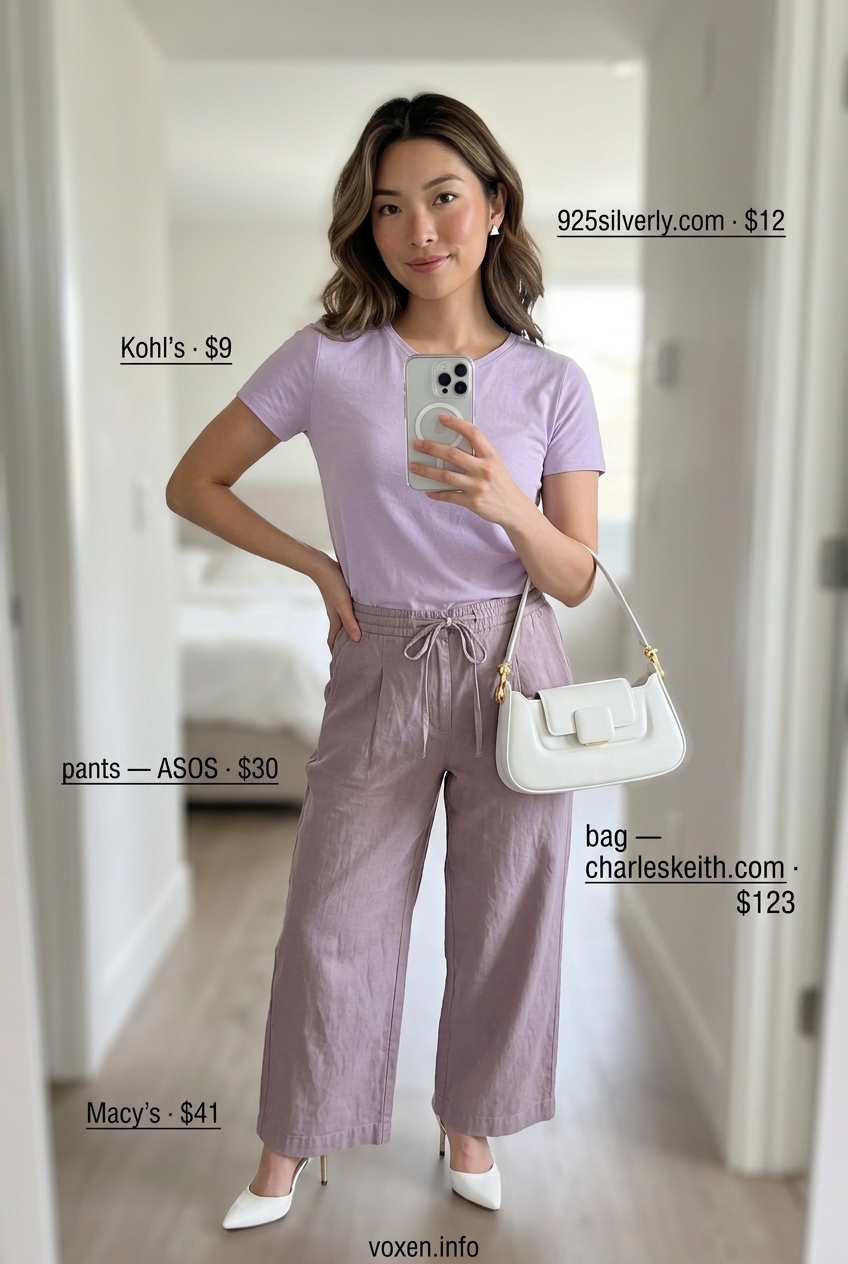 Summer Longline Tee Outfits 2026: Pastel Power Alternative Summer longline tee outfit: Lavender tee, wide-leg trousers, heeled sandals for a chic, polished look.
