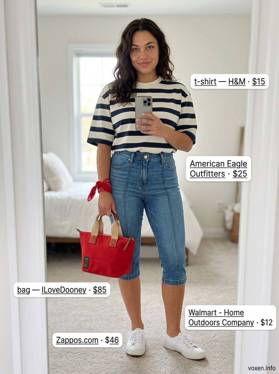 Retro sporty summer outfit for women 2026: navy striped longline tee, denim capris, red bandana, crossbody bag, and sneakers.