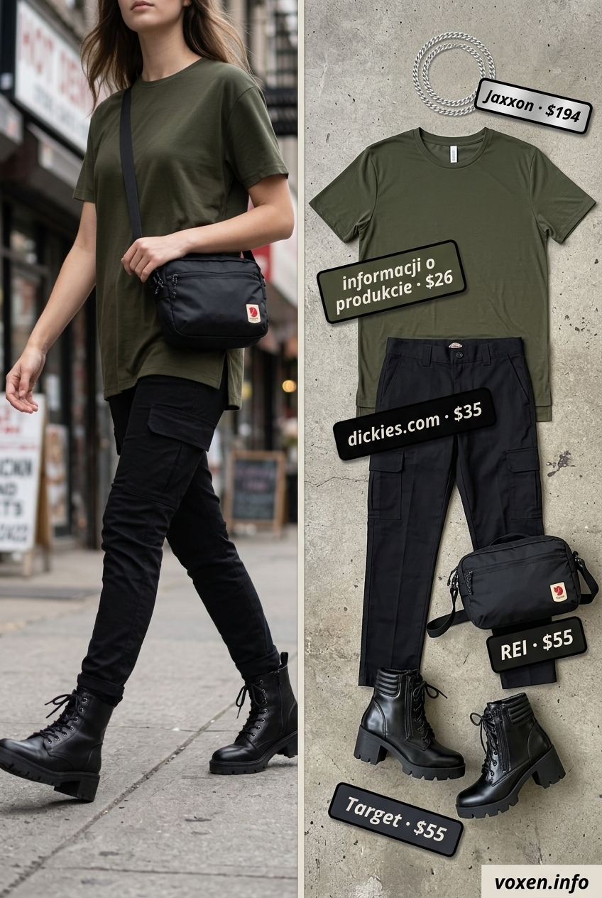 Summer Longline Tee Outfits 2026: Urban Explorer Chic Summer longline tee outfit: Olive green tee, black cargo pants, combat boots for urban exploration.