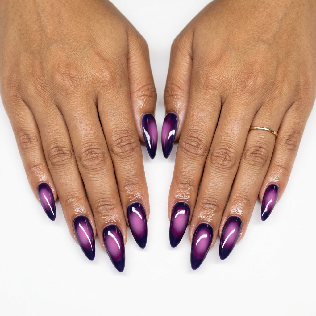 Vibrant Berry Aura Swirl, an edgy summer manicure color 2026 for festivals and nights out. Berry with pink-purple aura.