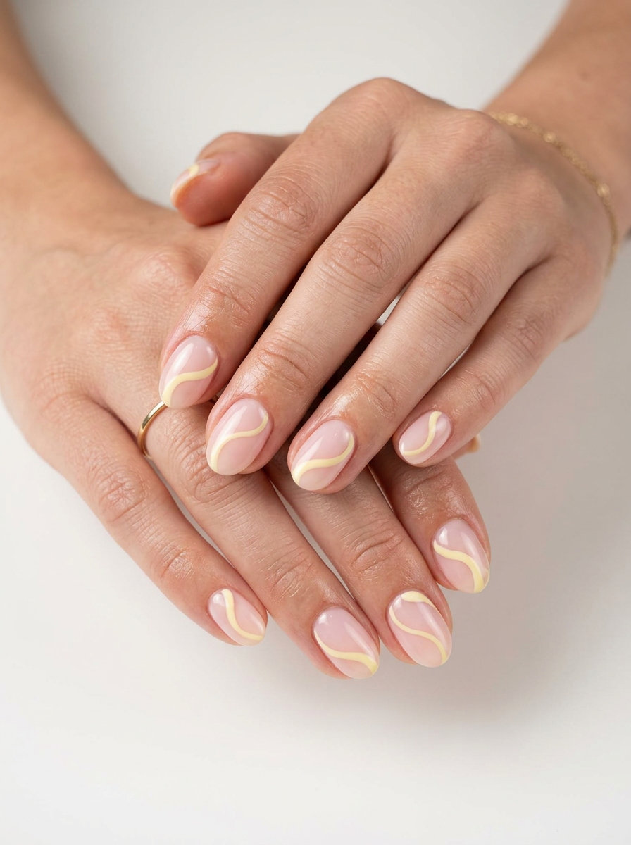 Creamy Buttercream Swirls, a sweet summer manicure color 2026 for daily wear and picnics. Yellow swirls on milky base.