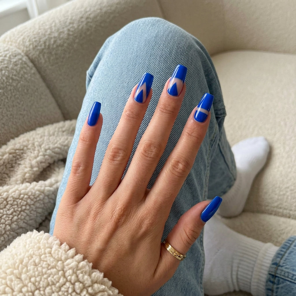 Edgy Cobalt Geo Negative Space, a modern summer manicure color 2026 for parties and festivals. Cobalt blue geometric shapes.