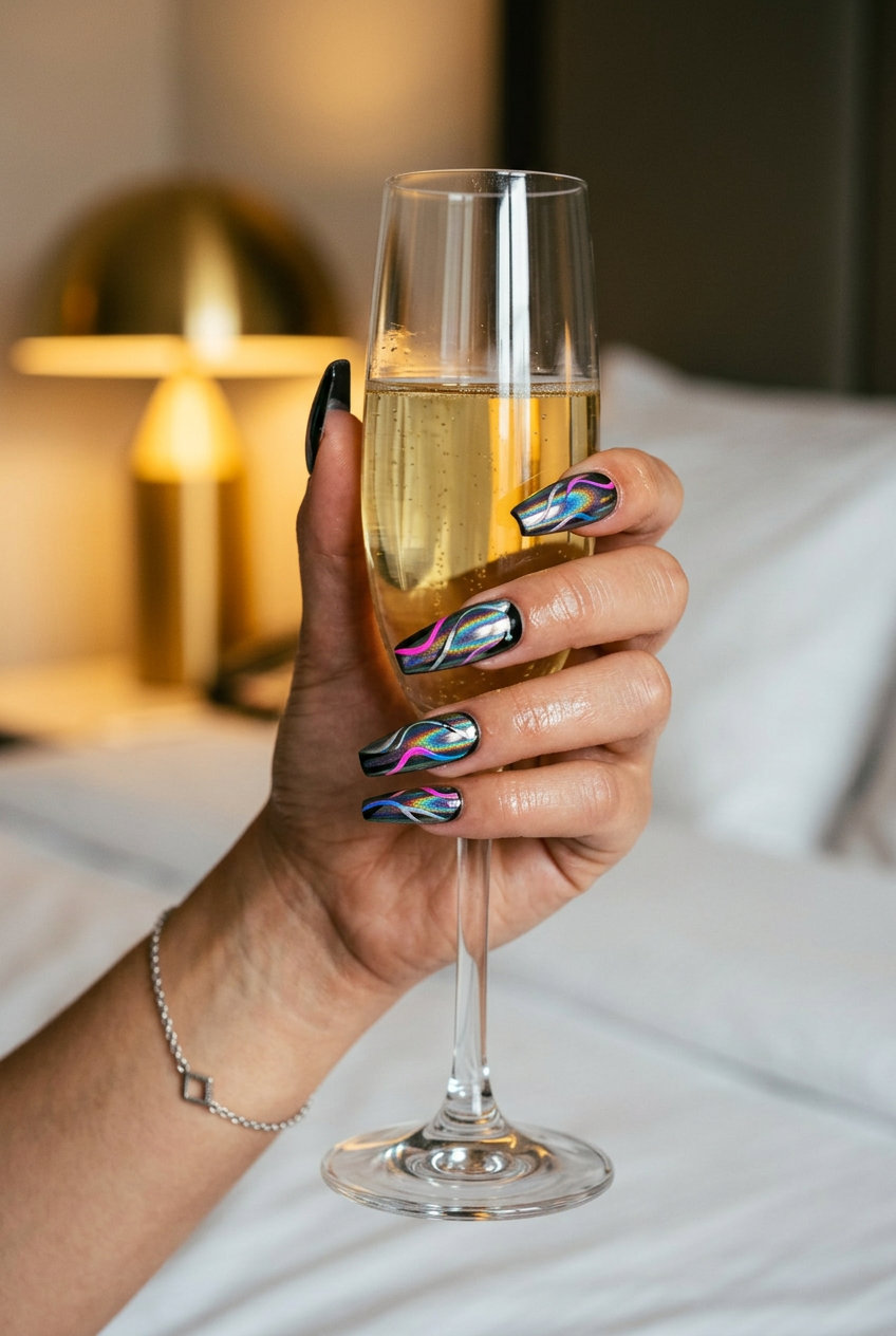Cosmic Chrome Abstract Art nails: edgy summer manicure colors 2026 for festivals.
