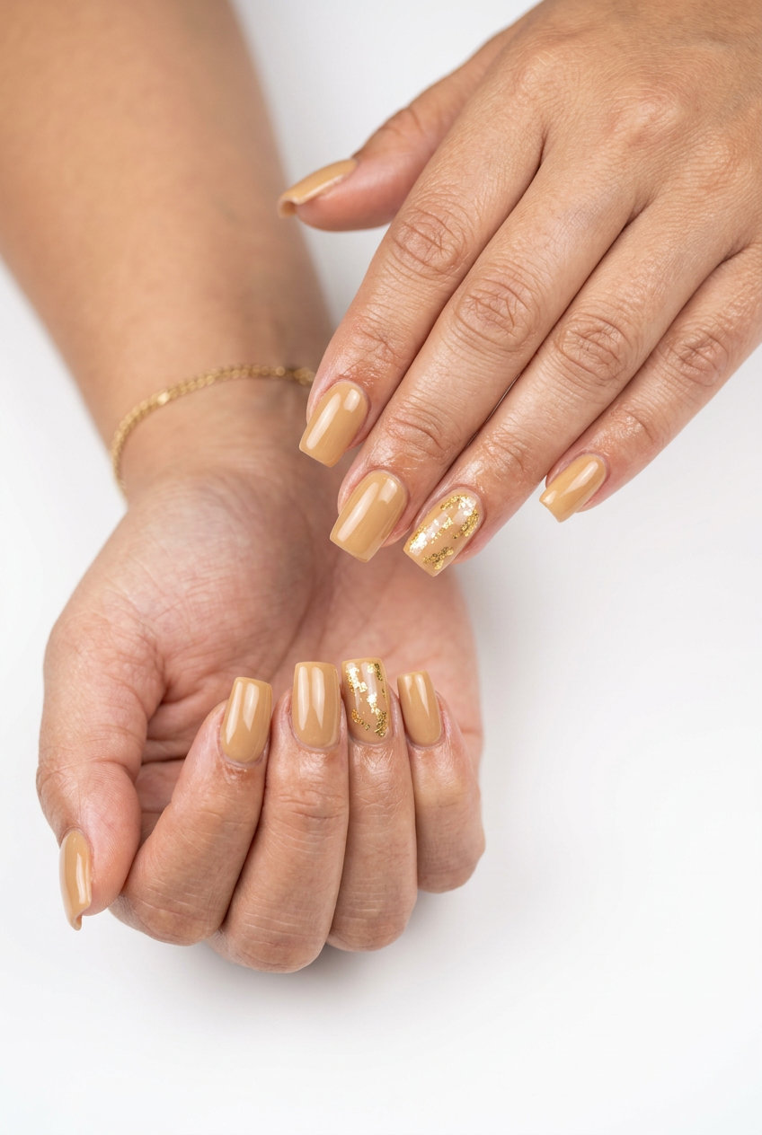 Shimmering Gold Foil Flake accents, a glamorous summer manicure color 2026 for parties. Warm nude with gold foil.