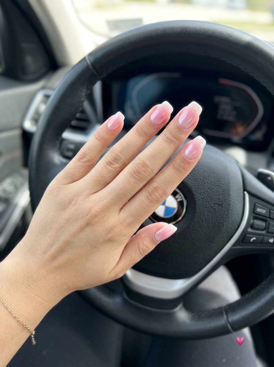 Milky Pink Glazed Donut Aura, a clean-girl summer manicure color 2026 for daily wear. Pink with pearl chrome and aura.
