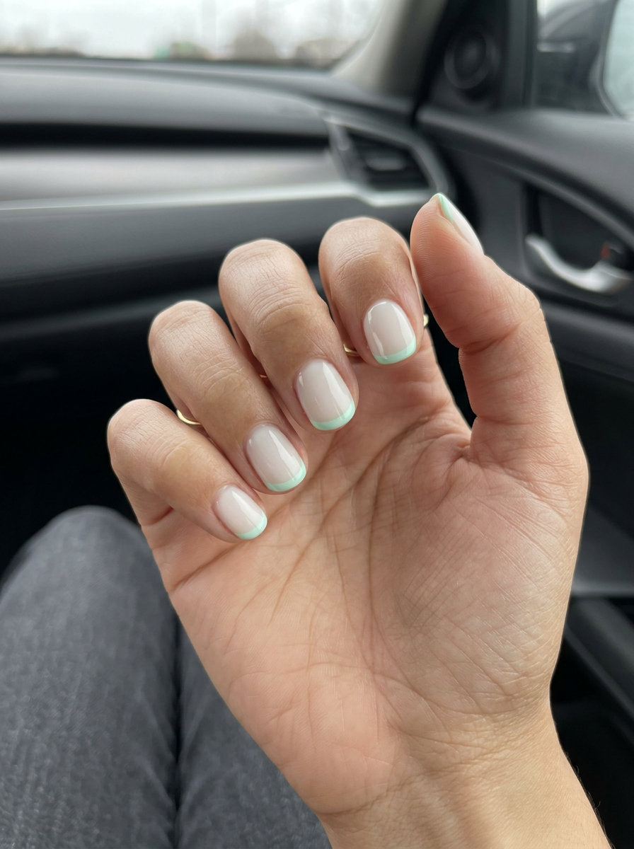 Minty Milky French manicure, a top summer manicure color 2026 trend for clean-girl style. Sheer nude with mint green tips.