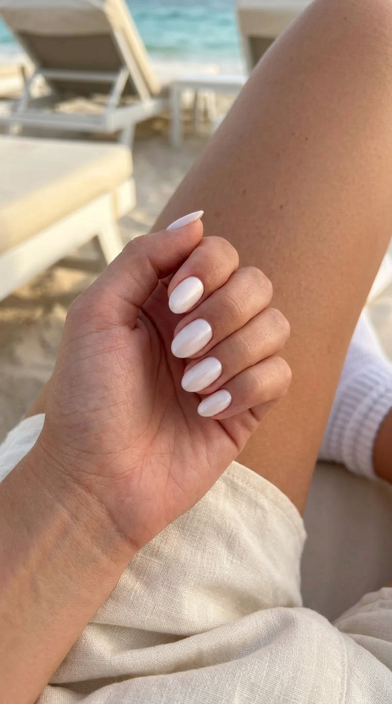 Pearl Milk Bath manicure, an ethereal summer manicure color 2026 for weddings and dates. Milky white with pearl shimmer.