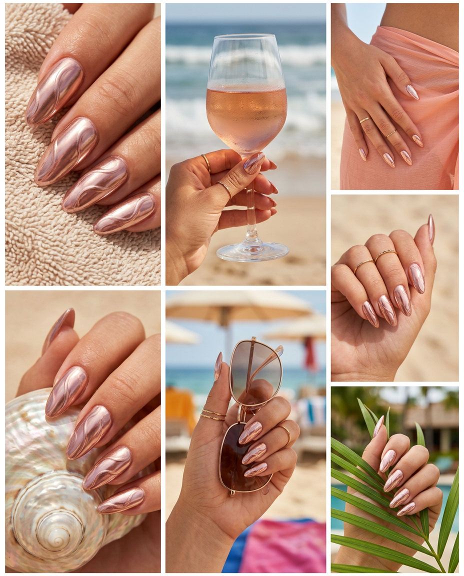 Rose Gold Chrome Swirl manicure for summer 2026, with metallic rose gold swirls over a sheer natural base on medium to long nails.