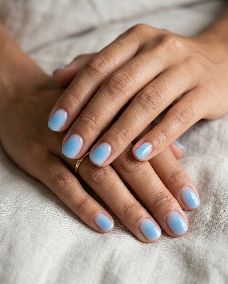 Sky Blue Aura Gradient nails: ethereal summer manicure colors 2026 for casual wear.