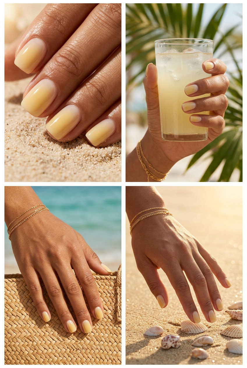 Sunny Butter Aura Ombre manicure for summer 2026, blending creamy butter yellow with sheer nude on any nail length and shape.