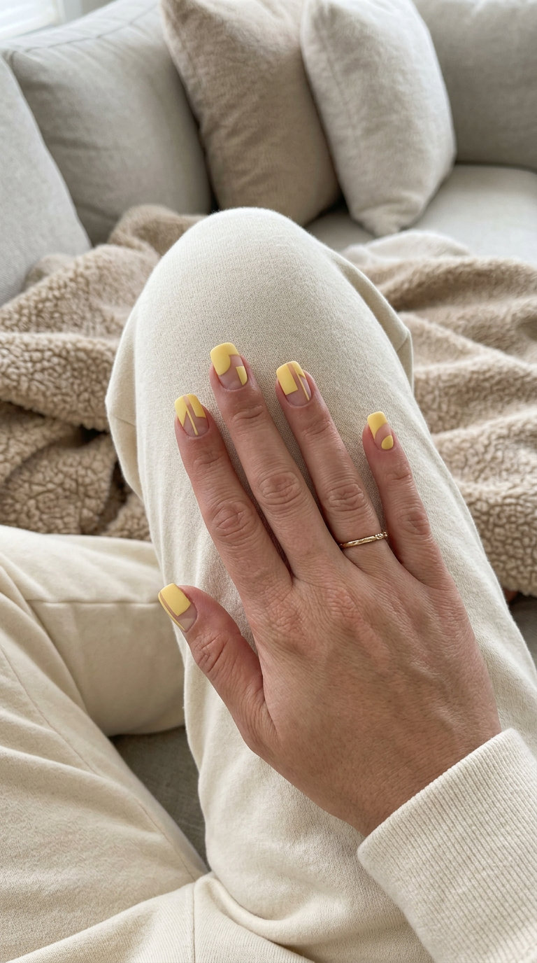 Abstract matte butter yellow negative space nails for summer matte nails 2026. Modern art gallery style.
