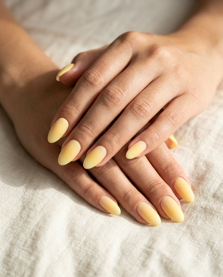 Butter yellow matte gradient fade nails for summer matte nails 2026 vacation.