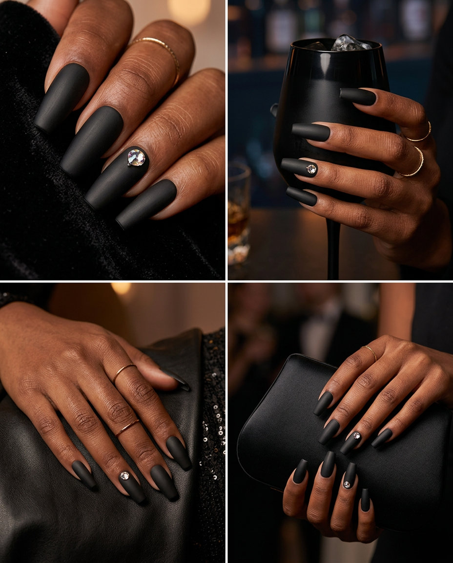 Glamorous matte black nails with rhinestone accent for summer matte nails 2026. Edgy party style.
