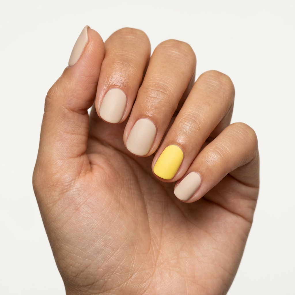 Sophisticated matte butter yellow accent nails on neutral beige for summer matte nails 2026. Casual chic.