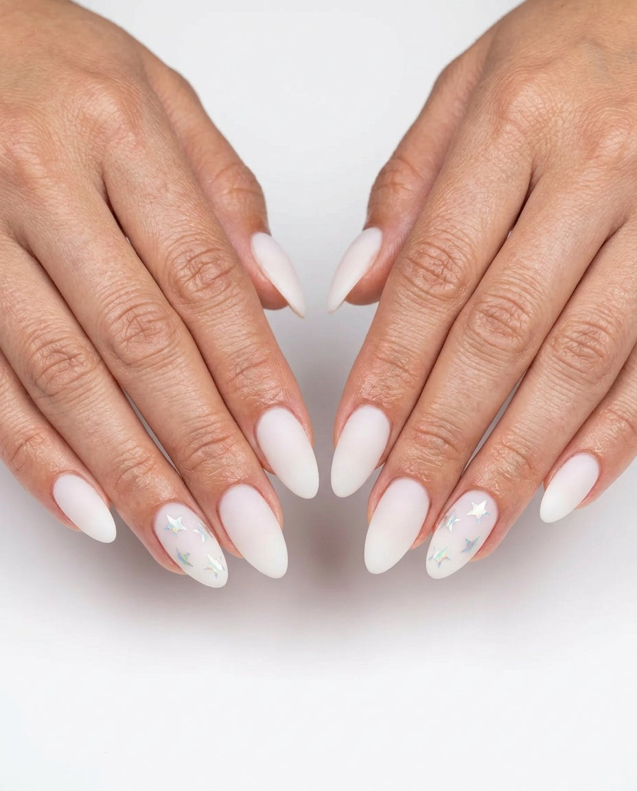 Milky matte nails with iridescent decals for summer matte nails 2026 date night.