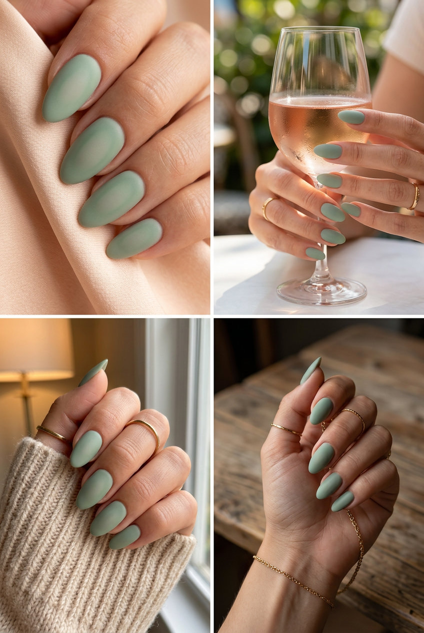 Mystical matte sage green aura nails for summer matte nails 2026. Medium almond shape.