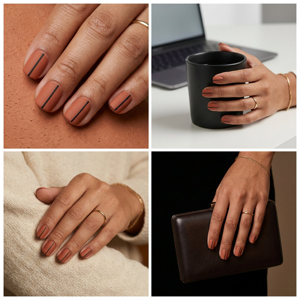 Graphic terracotta matte nails with black lines for summer matte nails 2026 casual.